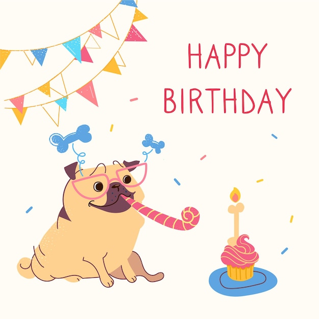 Birthday cards with cute cartoon pug Garlands a festive cupcake with candles in the form of a bone