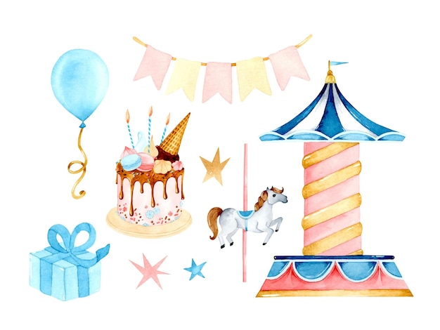 Birthday carousel watercolor isolated elements set