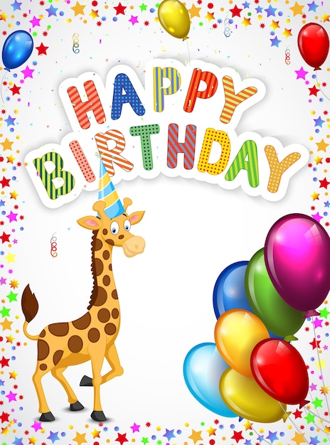 Cartone animato di compleanno con felice giraffa