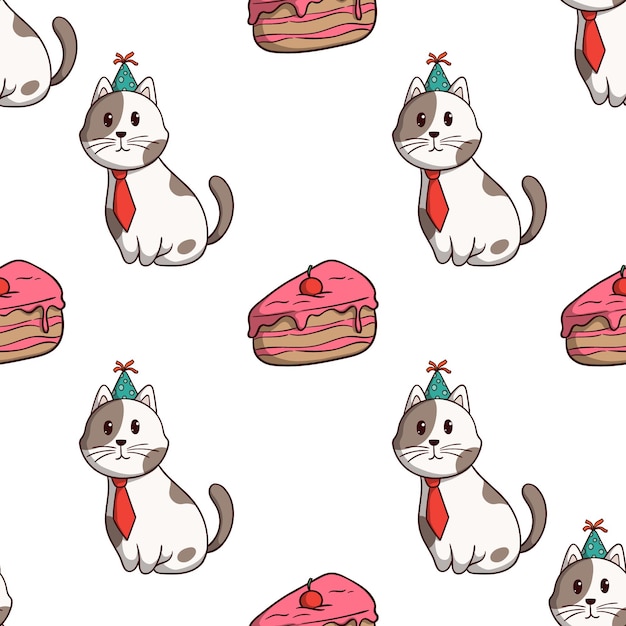 Gatto di compleanno con fetta di torta in seamless con stile doodle colorato su sfondo bianco