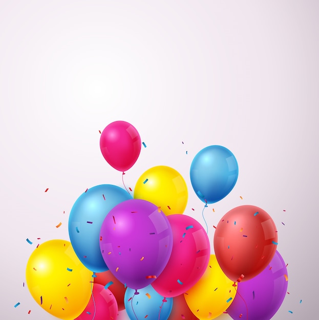 Bandiera di celebrazione di compleanno con palloncini colorati e coriandoli