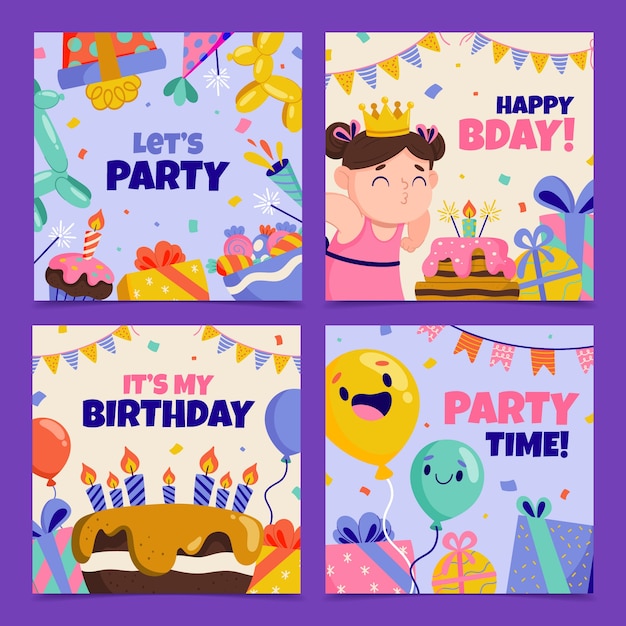 Карты для празднования дня рождения в плоском дизайне