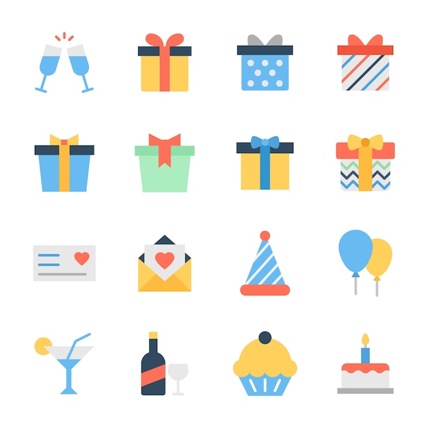 Vector birthday celebration flat icon pack