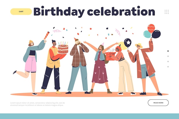 Birthday celebration landing page with group of people congratulating man at party event Happy joyful group of friends with air balloons confetti cake and gifts Cartoon flat vector illustration