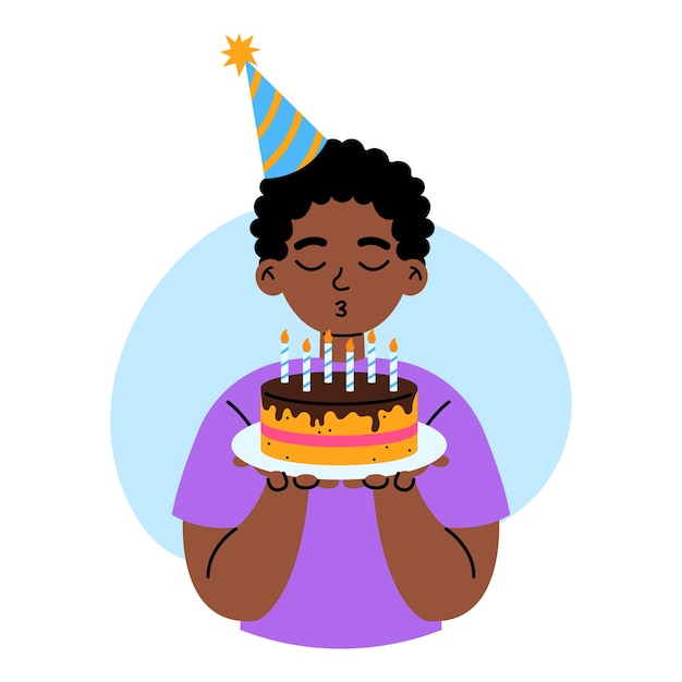 Vector birthday celebration little boy blowing candles on festive cake surprise anniversary concept