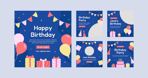 Vettore celebrazione di compleanno set di template di raccolta di post sui social media