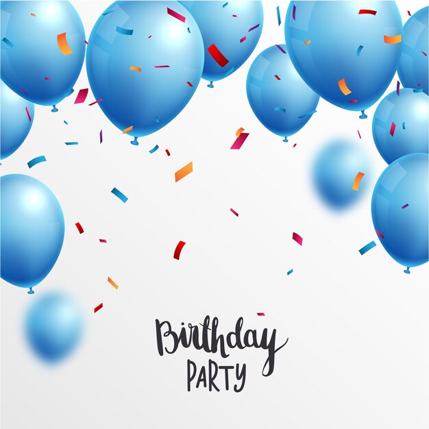 Birthday Celebrations banner with blue balloons and confetti