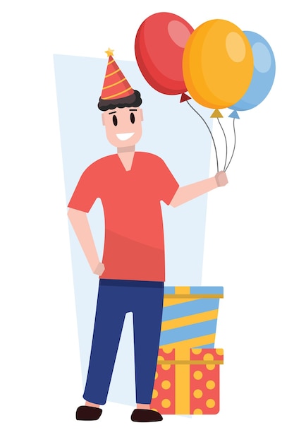 Vector birthday character happy funny cartoon male people standing with present boxe surprize container gift with ribbons holiday celebration items vector cartoon characters