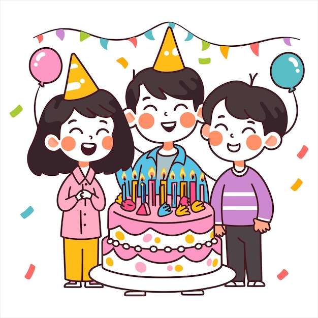 불 터 일러스트레이션을 가진 다채로운 생일 케이크