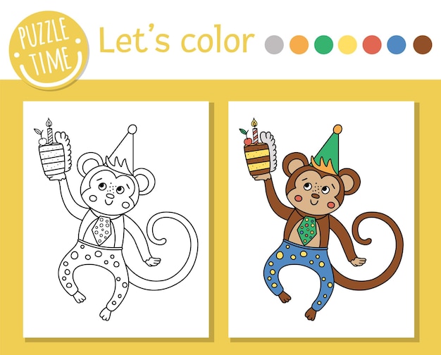 Birthday coloring page for children. Funny monkey in party hat with cake and candle. Vector holiday outline illustration with cute animal. Party color book for kids with colored example