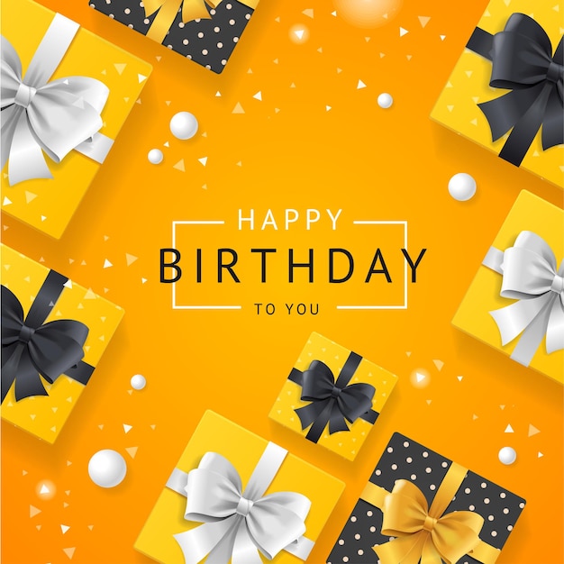 Birthday concept banner card with realistic 3d detailed elements on a yellow