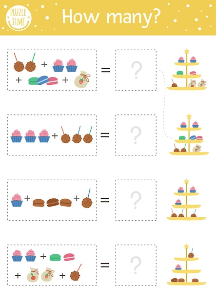 전통적인 디저트와 함께 생일 계산 게임. 케이크, 컵케이크, 케이크 팝이 있는 미취학 아동을 위한 휴일 활동. 아이들을 위한 캔디 바가 있는 교육 축하 인쇄용 수학 워크시트