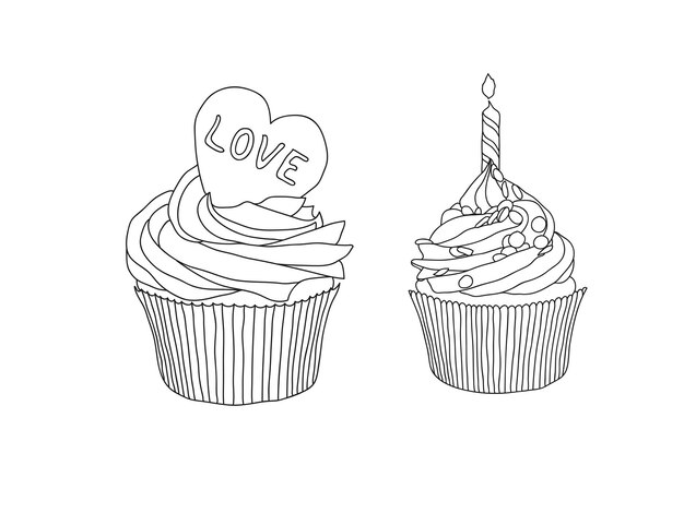 Vector birthday cup cake coloring page black hand drawn simple drawing cupcakes set sweets