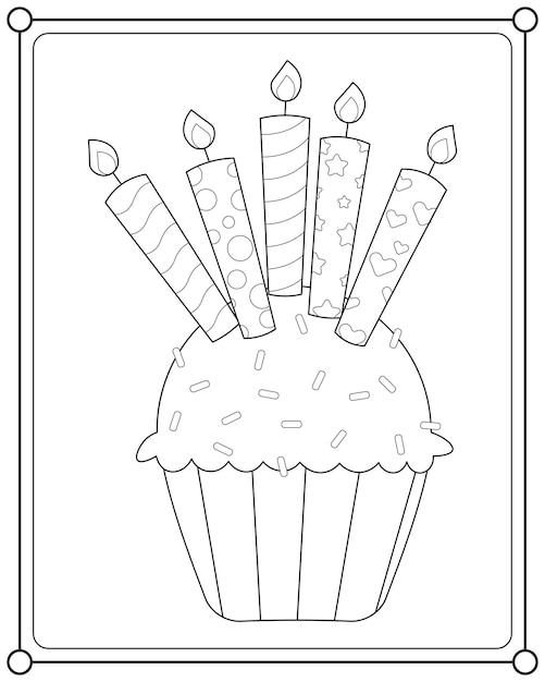 Torta della tazza di compleanno con le candele adatte per l'illustrazione di vettore della pagina da colorare dei bambini