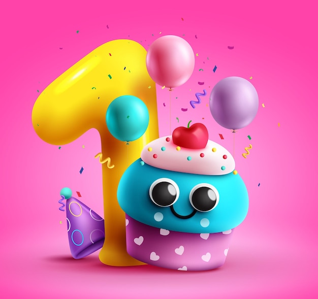Вектор Векторный дизайн кекса на день рождения кубок торта мультипликационный персонаж с воздушным шаром номер один в розовом