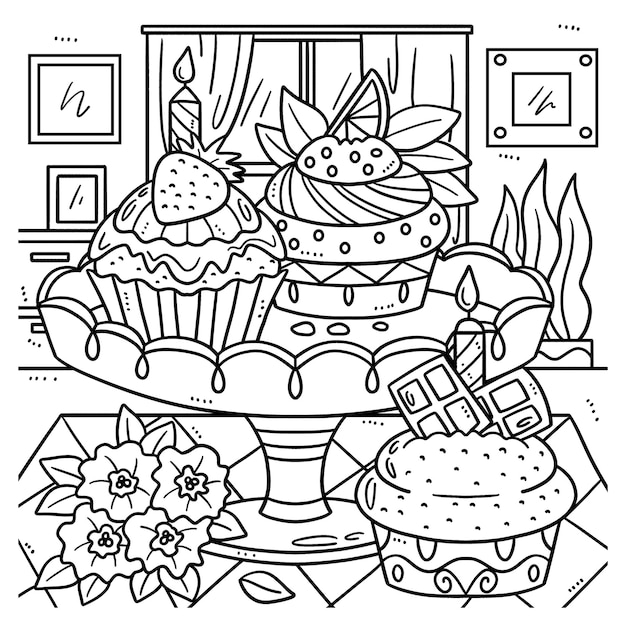 Birthday Cupcake with a candle Isolated Coloring