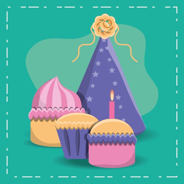 Vector birthday cupcakes and party hat icon over turquoise background