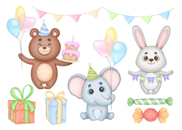 Vector birthday cute animals clipart