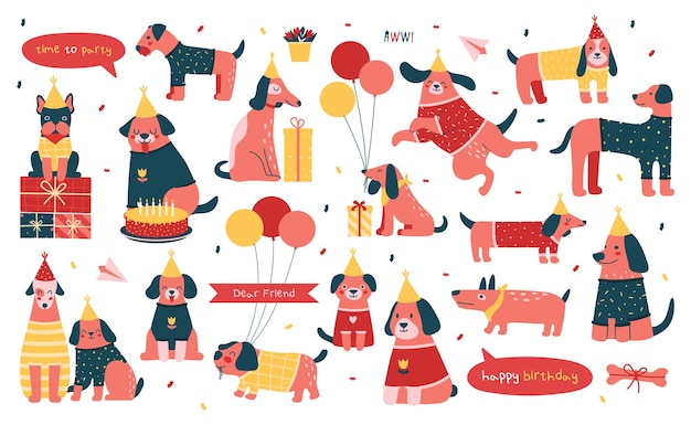 Birthday cute illustrations with different happy dog characters, puppies, with baloons, gifts, caps.