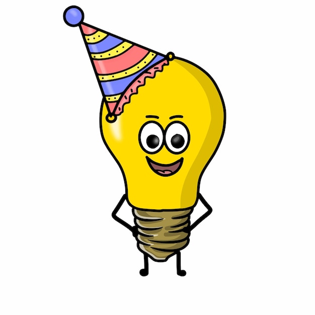 Birthday cute light bulb character vector template design illustration