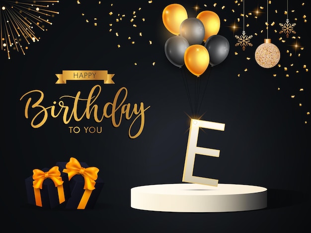 birthday design with alphabet E and balloons in golden color