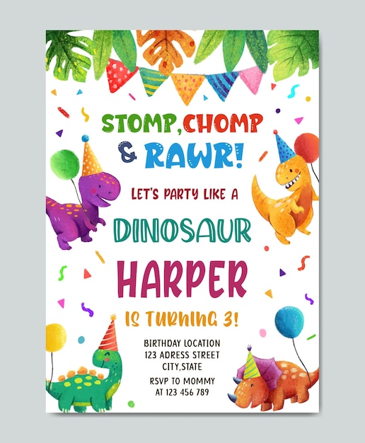 Modello di biglietto d'invito a tema dinosauri di compleanno