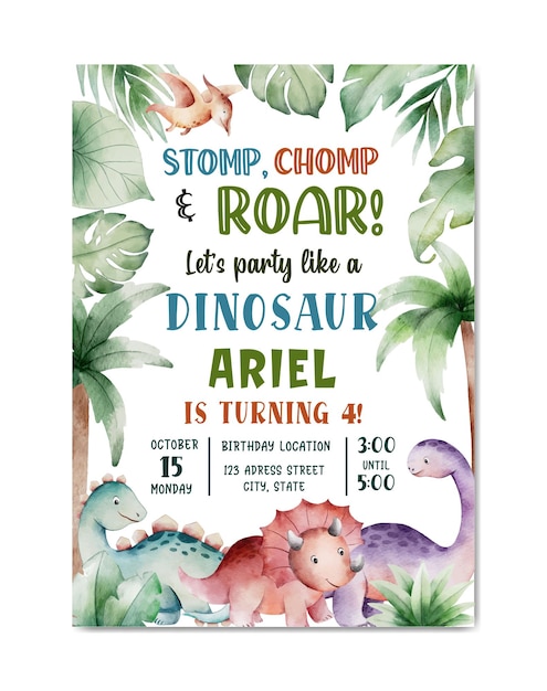 Vector birthday dinousaur theme watercolor invitation card template