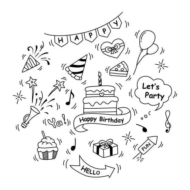 Vector birthday doodle elements isolated on white background vector illustration