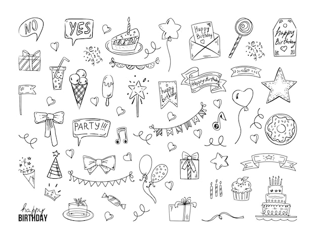 Набор каракулей на день рождения С Днем Рождения, черные эскизы Торт со свечами, праздничная шапочка, гирлянда, воздушный шар