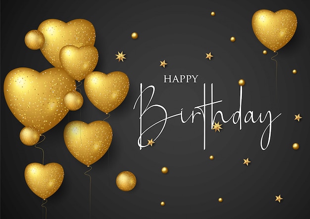 Birthday elegant greeting card with gold balloons and falling confetti