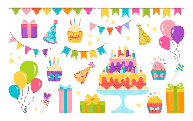 Vector birthday elements flat set. cartoon  cake, candle, gift box with cupcake. party design elements, balloons and sweets.  isolated