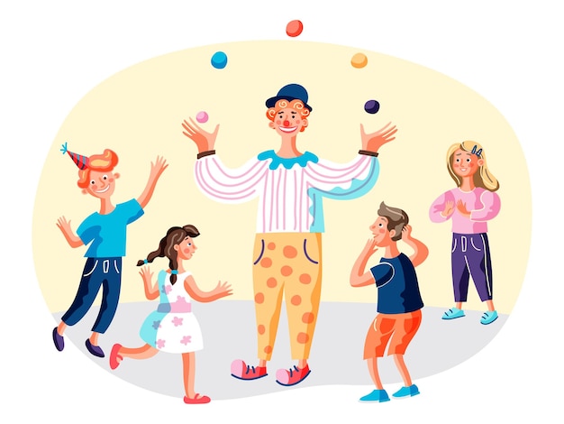 Birthday entertainment illustration happy kids and juggling jester cartoon characters