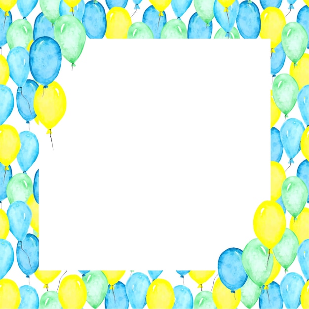 Рамка дня рождения с пустым местом для поздравительной открытки. Квадратная рамка из воздушных шаров на белом фоне.