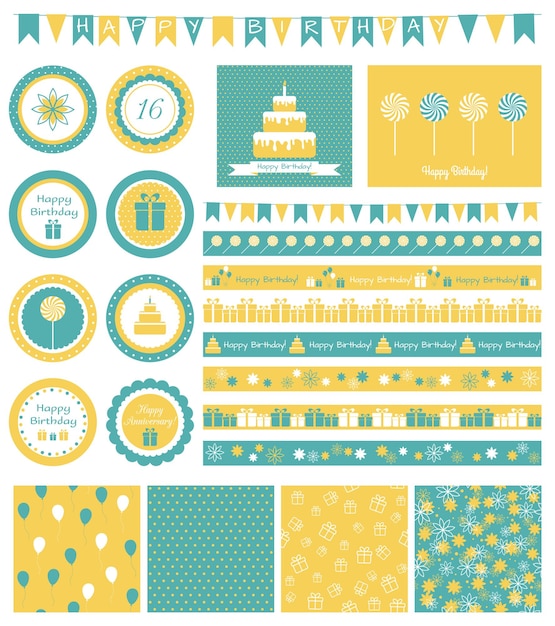 Vector birthday garlands patterns borders greeting cards cupcake toppers birthday party decorations