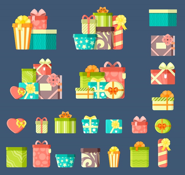 Vector birthday gifts with ribbons flat vector illustrations set