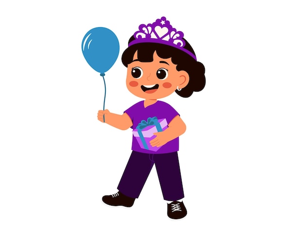 誕生日の女の子がプレゼントと風船のイラストをもたらす