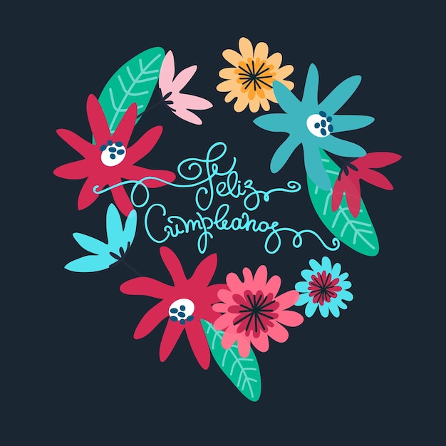 誕生日グリーティング カード デザイン スペイン語のテキスト「お誕生日おめでとう」と言う花の花輪の手レタリング ダークブルーに分離
