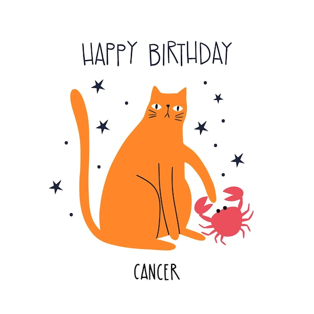 Дизайн поздравительной карточки на день рождения с милой мультфильмовой кошкой зодиака рак и надписью счастливого дня рождения