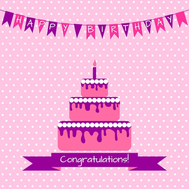 Birthday greeting card with cake and garland