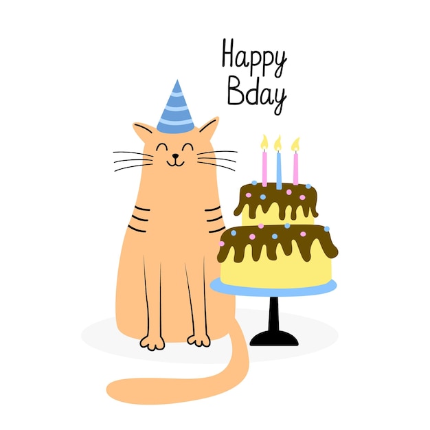 Biglietto di auguri di compleanno con un simpatico gatto e una torta di compleanno