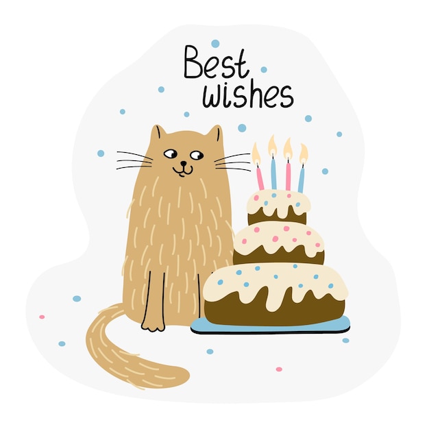 Birthday greeting card with a cute cat and birthday cake