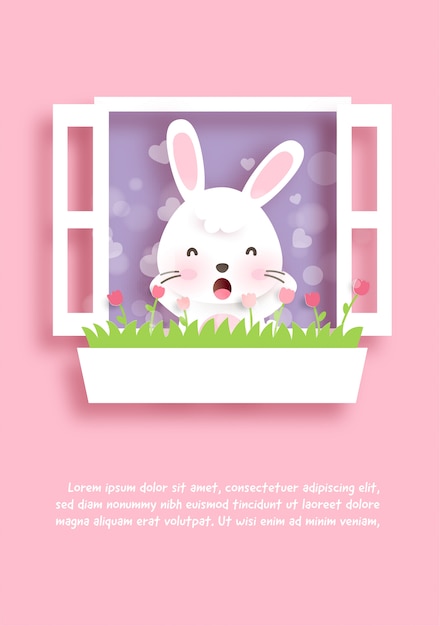 Birthday greeting card with cute rabbit  in paper cut style .