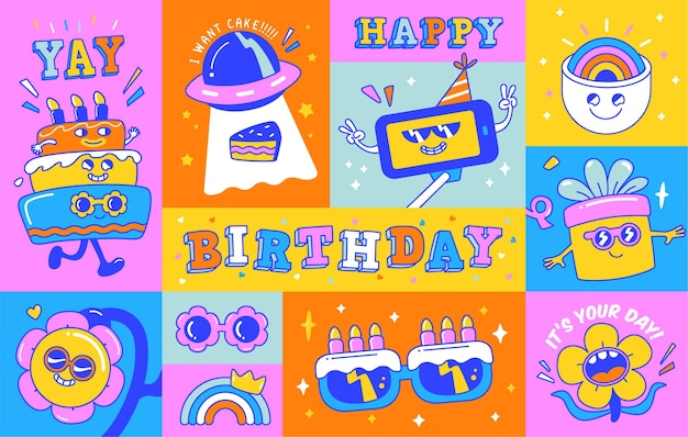 Birthday greeting card with funny and cute characters design