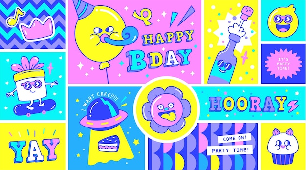 Birthday greeting card with funny and cute characters design
