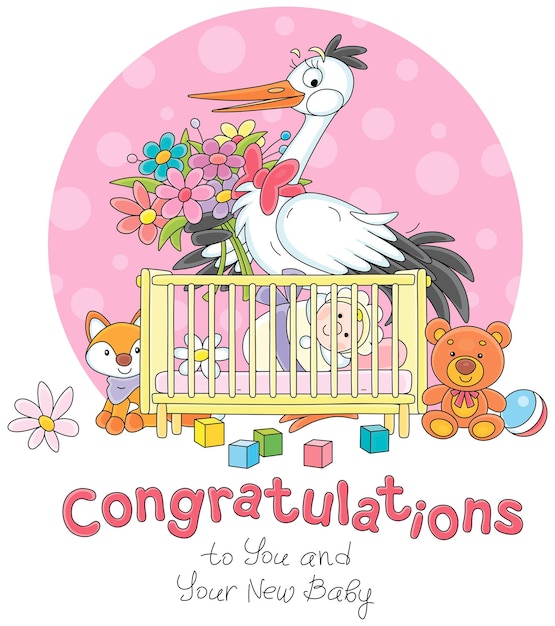 Vector birthday greeting card with a stork holding colorful flowers and a newborn baby lying in a cot