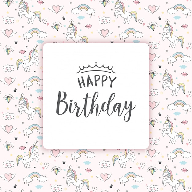 Vector birthday greeting card with unicorns