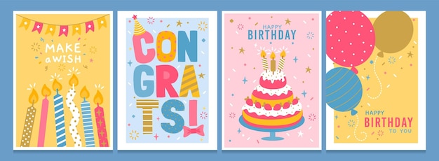 Birthday greeting cards Cartoon happy hbday invitation card with balloon cake candles confetti garland and typography Vector templates set with birthday text