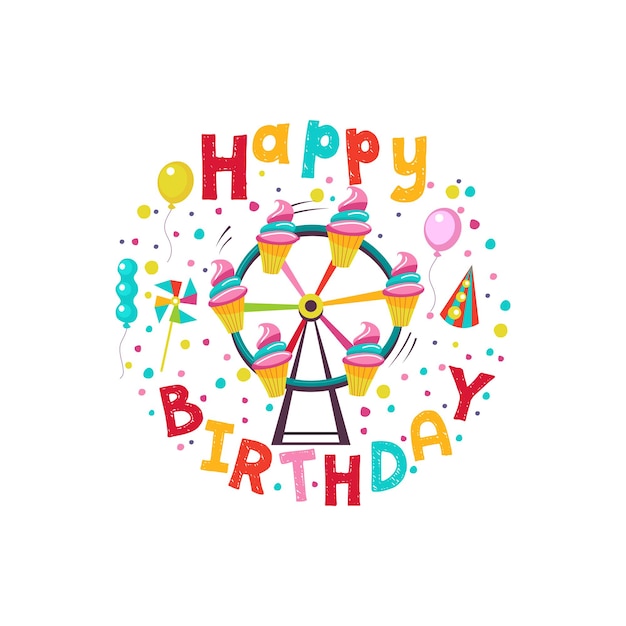 Birthday greeting illustration.ice cream carousel