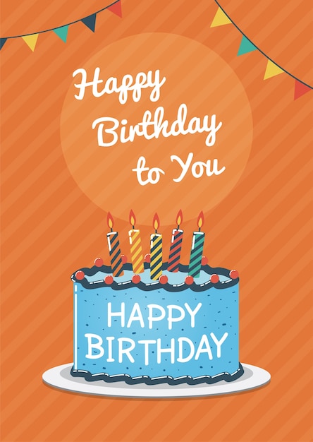 Birthday greeting and invitation card with blue birthday cake illustration