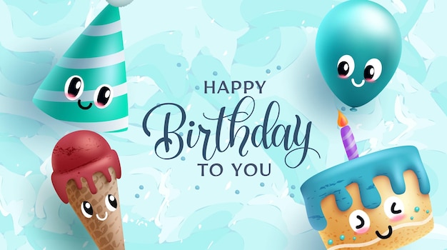 Дизайн векторного фона с днем рождения. Текст поздравления с днем рождения с воздушным шаром, шляпой для вечеринки.